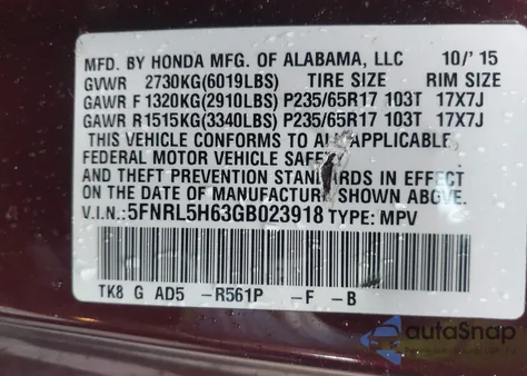 2016 Honda Odyssey Ex-L z USA, uszkodzony, nr VIN 5FNRL5H63GB023918
